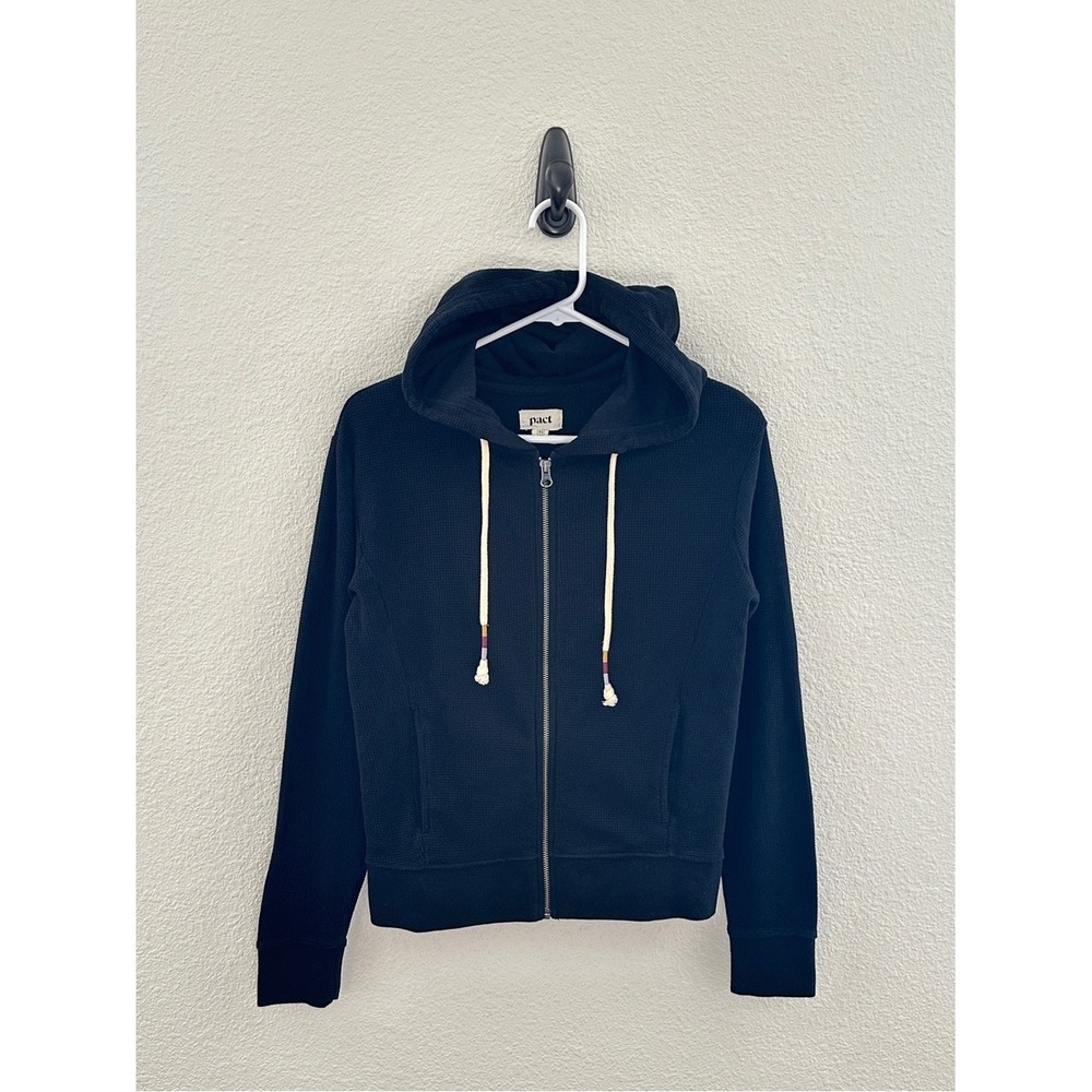 Pact Black Organic Cotton Waffle Thermal‎ Full Zip Hoodie Jacket Minimalist XS